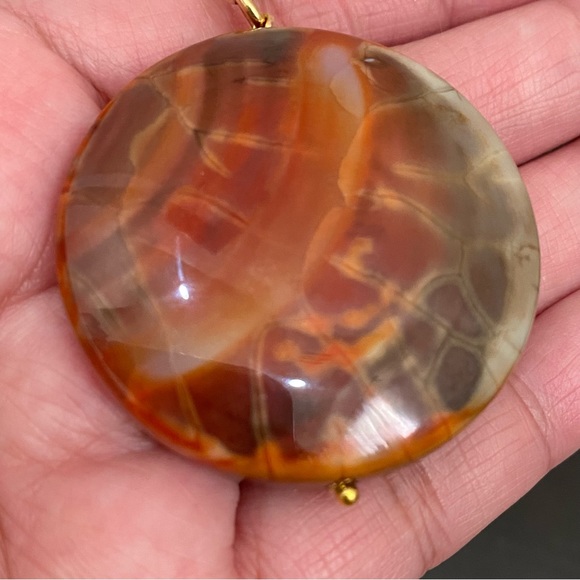 Brown Agate Semi-Precious Stone Circle Round Pendant Necklace - Picture 9 of 9